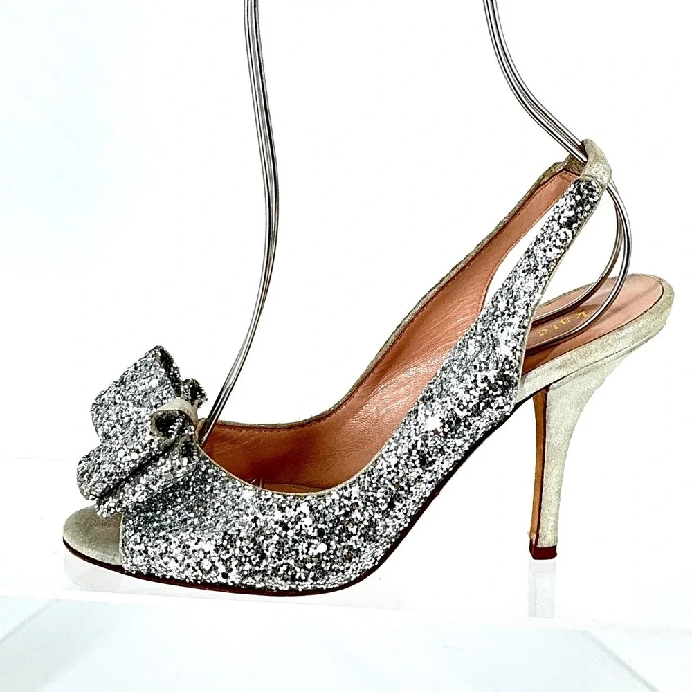 Kate Spade New York‎ Size 5 Silver Glitter Bow Slingback Heels Weddding Bridal